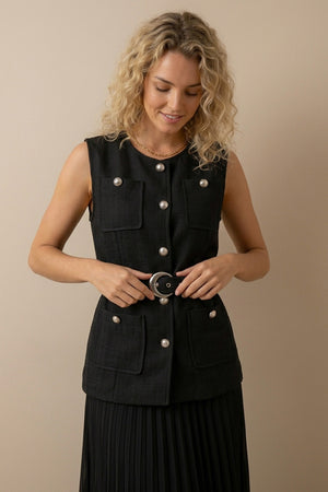 Button-down Tank Top Mesh Pleated Skirt Set