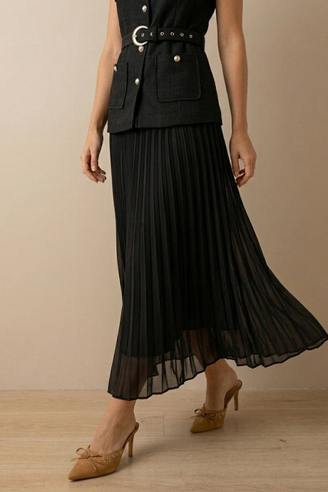 Button-down Tank Top Mesh Pleated Skirt Set
