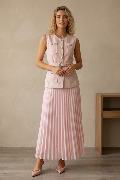 Button-down Tank Top Mesh Pleated Skirt Set