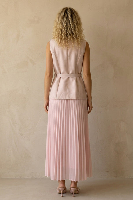 Button-down Tank Top Mesh Pleated Skirt Set