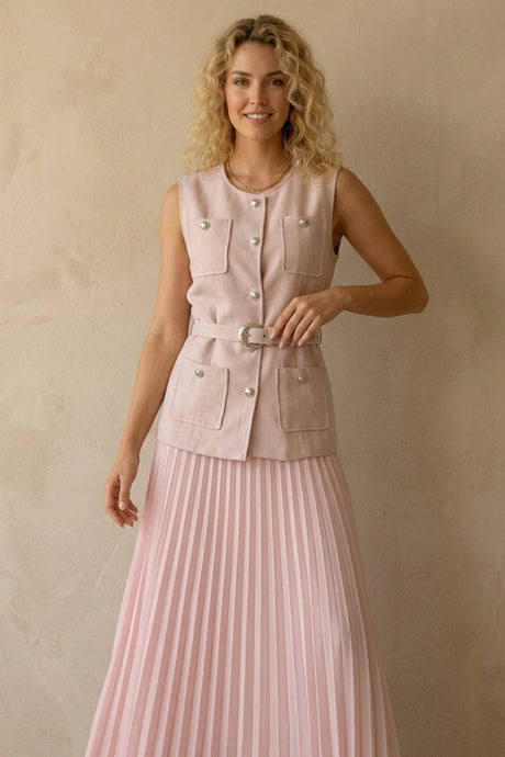 Button-down Tank Top Mesh Pleated Skirt Set