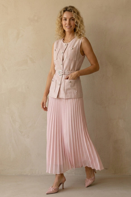 Button-down Tank Top Mesh Pleated Skirt Set