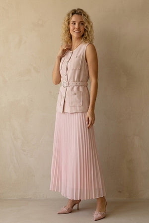 Button-down Tank Top Mesh Pleated Skirt Set