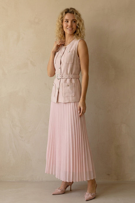 Button-down Tank Top Mesh Pleated Skirt Set