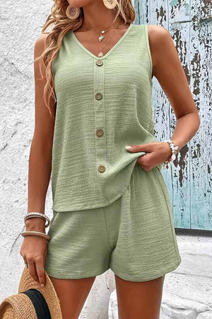 Button Decor Tank Top Shorts Set
