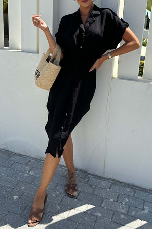 Arolora Button Down Short Sleeve Waist Tie Shirt Dress
