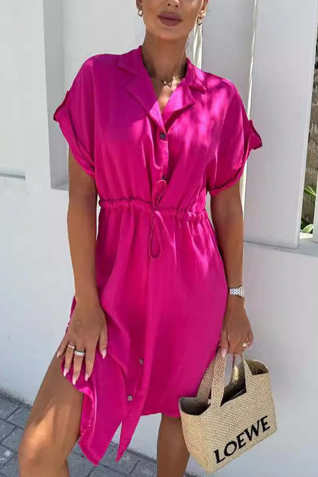 Arolora Button Down Short Sleeve Waist Tie Shirt Dress