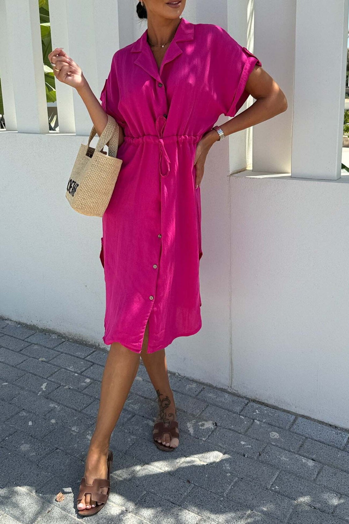 Arolora Button Down Short Sleeve Waist Tie Shirt Dress