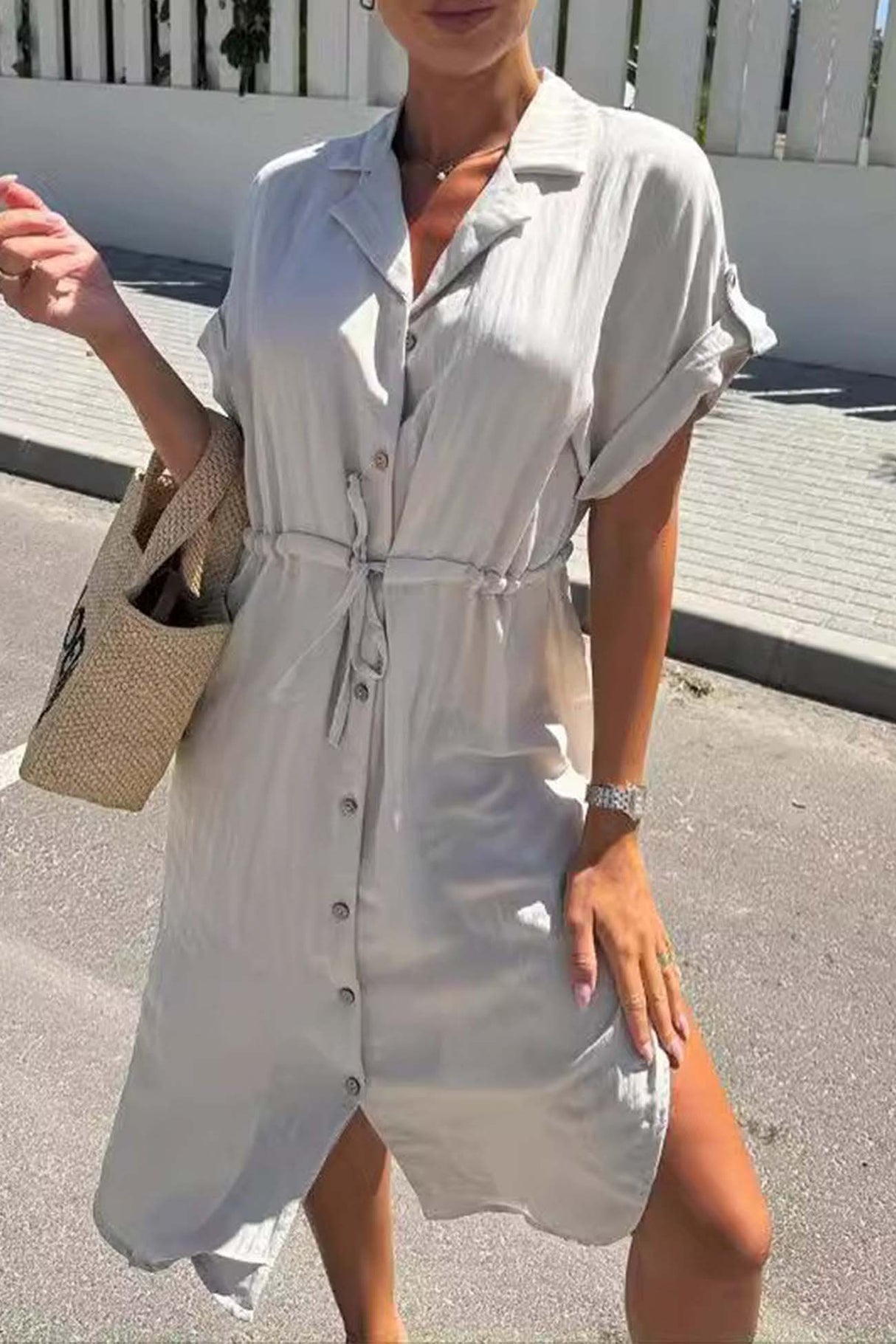 Arolora Button Down Short Sleeve Waist Tie Shirt Dress