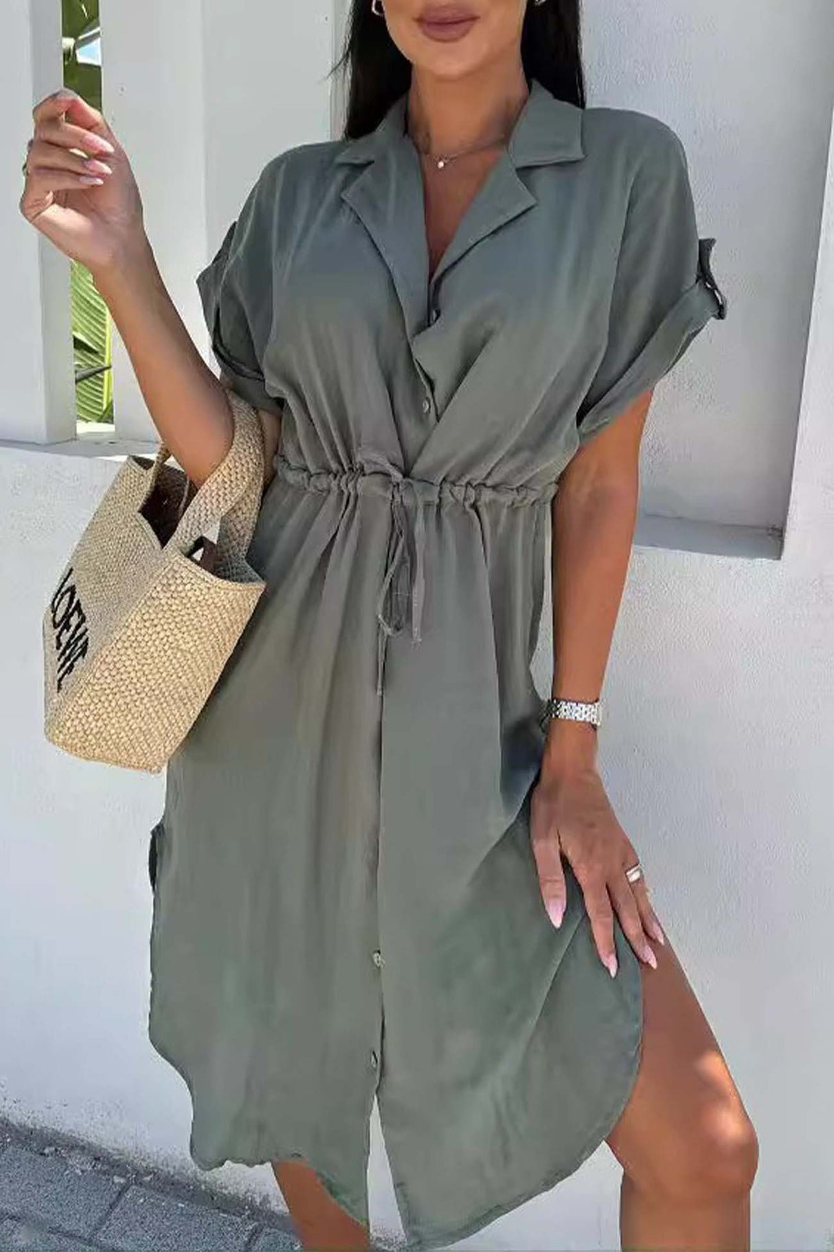 Arolora Button Down Short Sleeve Waist Tie Shirt Dress