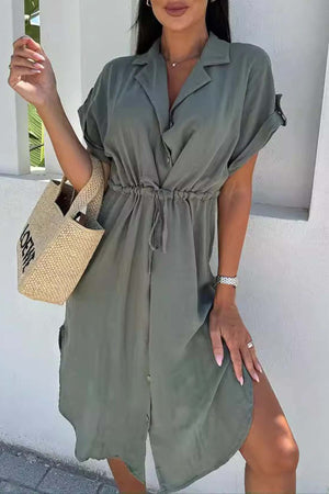 Arolora Button Down Short Sleeve Waist Tie Shirt Dress
