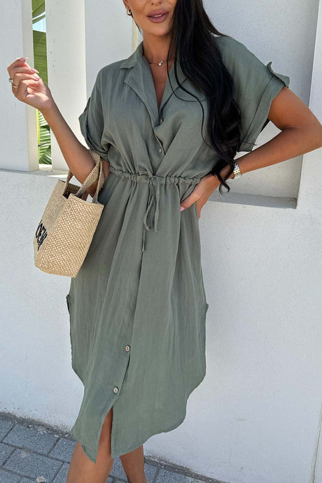 Arolora Button Down Short Sleeve Waist Tie Shirt Dress