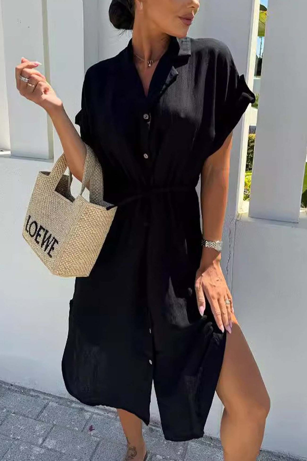 Arolora Button Down Short Sleeve Waist Tie Shirt Dress