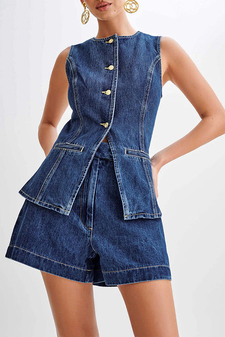 Arolora button-down-tank-tops-shorts-denim-set