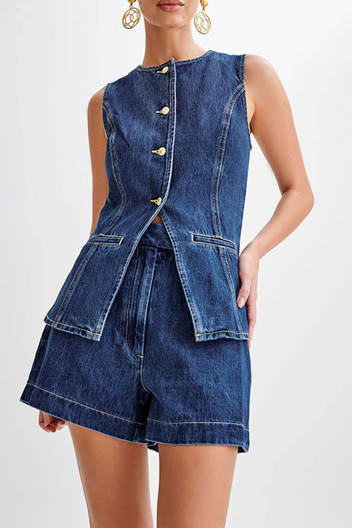 Arolora button-down-tank-tops-shorts-denim-set