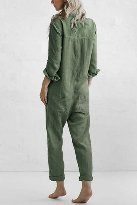 Button Lapel Pocket Long Sleeve Jumpsuits