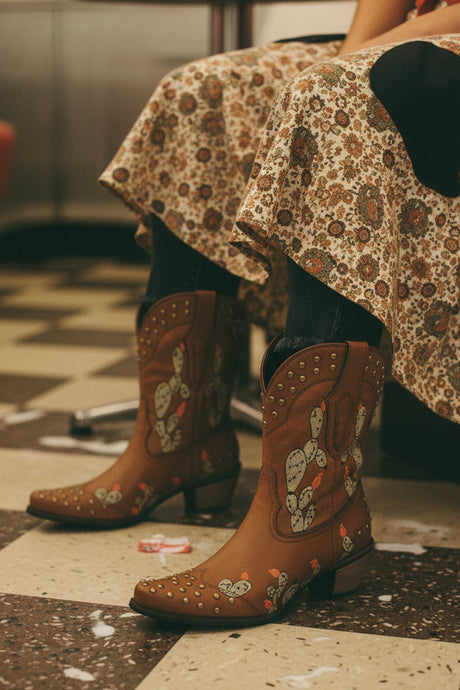 Cactus Embroidery Studded Mid-Calf Boots