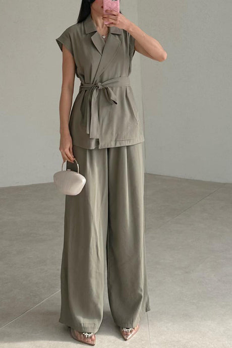 Arolora cap-sleeve-tie-waist-suit-pants-set