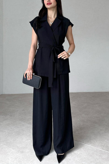 Arolora cap-sleeve-tie-waist-suit-pants-set