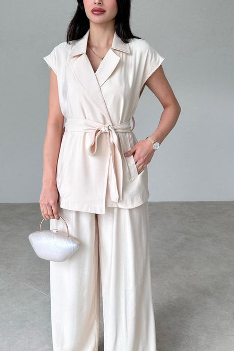 Arolora cap-sleeve-tie-waist-suit-pants-set