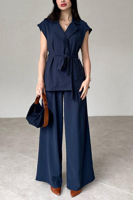 Arolora cap-sleeve-tie-waist-suit-pants-set