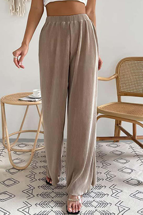 Arolora casual-solid-color-elastic-waist-wide-leg-long-pants