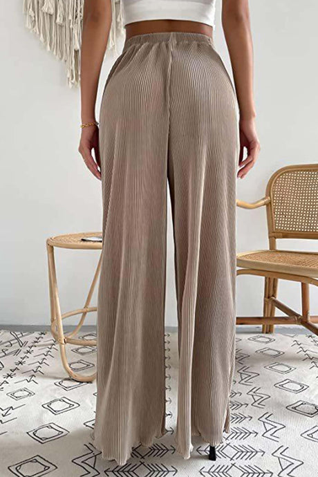 Arolora casual-solid-color-elastic-waist-wide-leg-long-pants