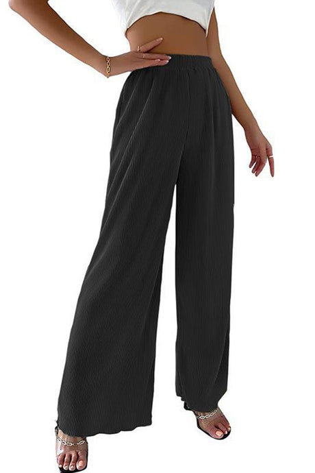 Arolora casual-solid-color-elastic-waist-wide-leg-long-pants
