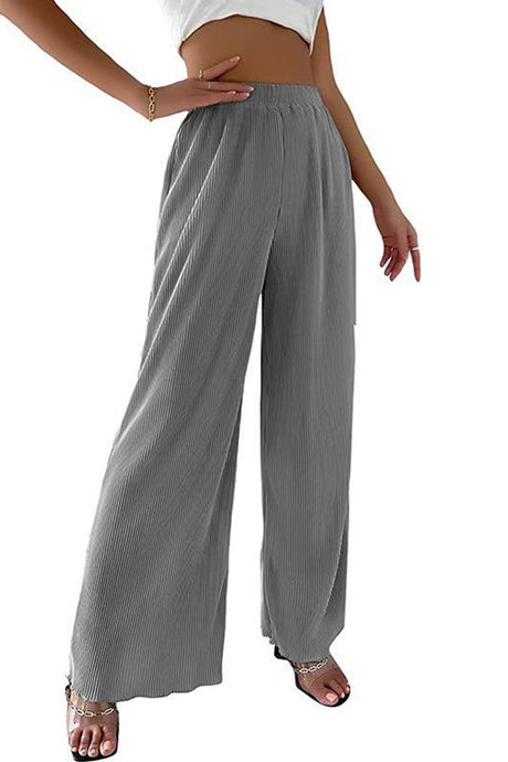 Arolora casual-solid-color-elastic-waist-wide-leg-long-pants