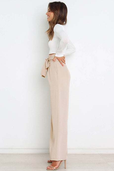 Arolora Casual Tie-Front Loose Straight Long Pants