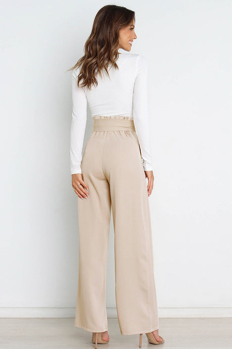 Arolora Casual Tie-Front Loose Straight Long Pants