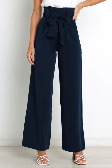 Arolora Casual Tie-Front Loose Straight Long Pants