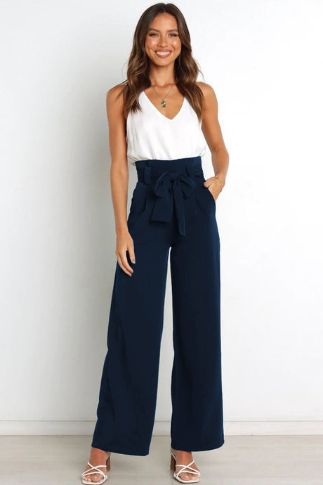 Arolora Casual Tie-Front Loose Straight Long Pants