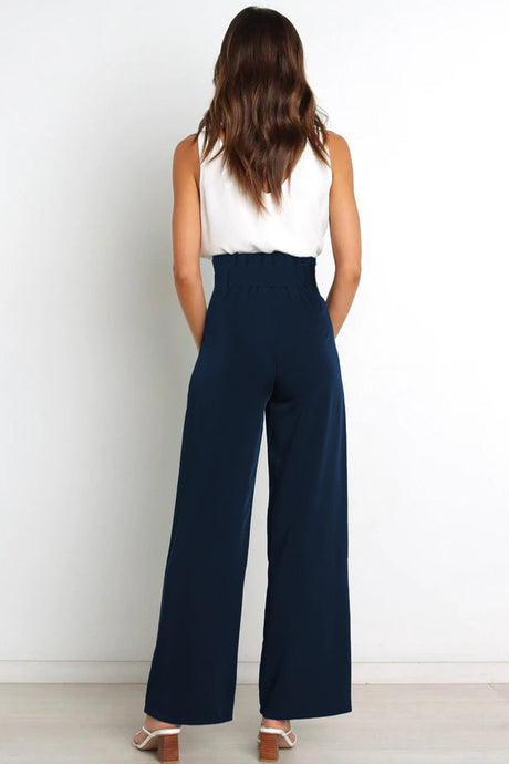 Arolora Casual Tie-Front Loose Straight Long Pants
