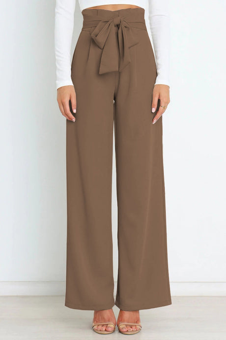 Arolora Casual Tie-Front Loose Straight Long Pants
