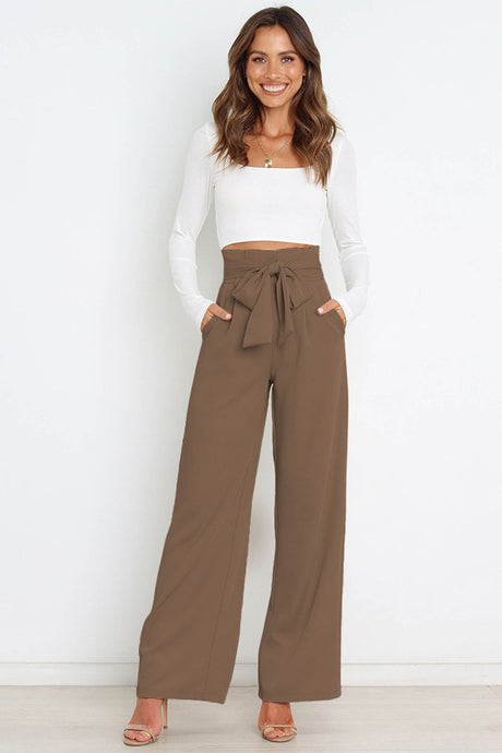 Arolora Casual Tie-Front Loose Straight Long Pants