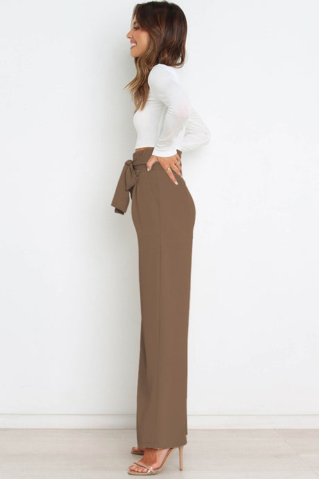 Arolora Casual Tie-Front Loose Straight Long Pants