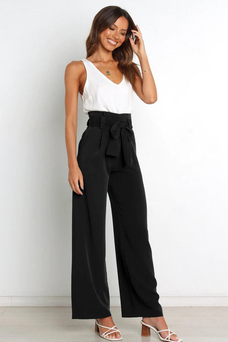 Arolora Casual Tie-Front Loose Straight Long Pants