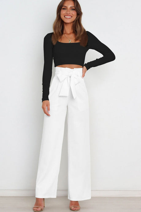 Arolora Casual Tie-Front Loose Straight Long Pants