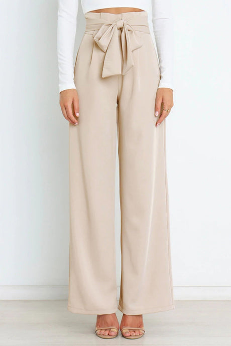 Arolora Casual Tie-Front Loose Straight Long Pants