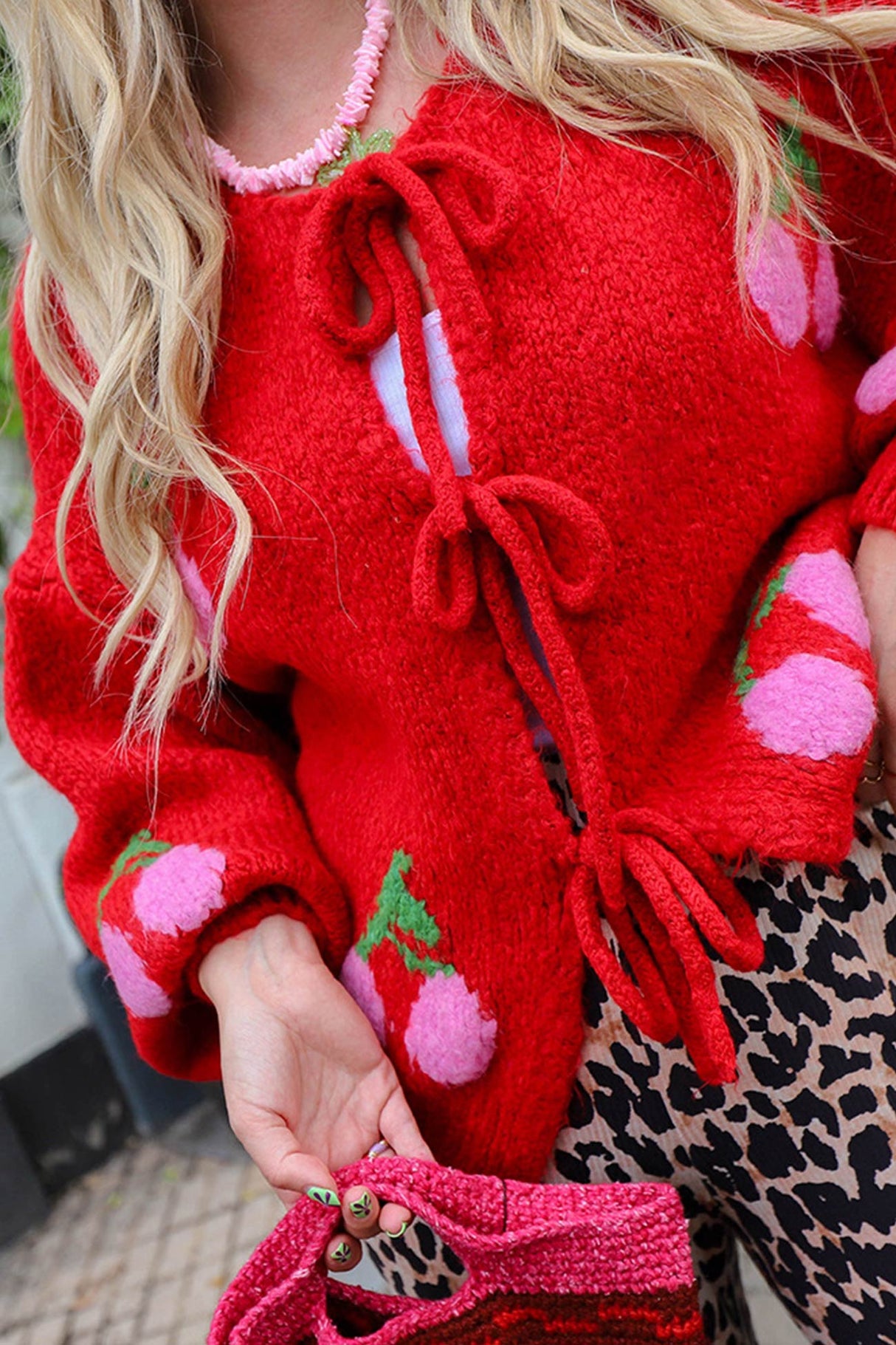 Cherry Jacquard Tie-up Cardigan