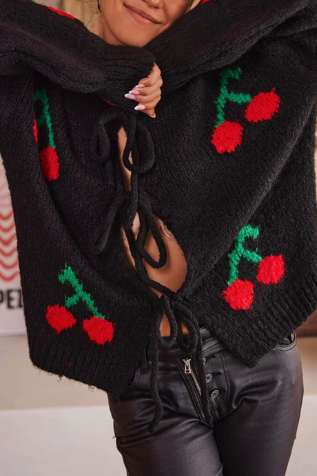 Cherry Jacquard Tie-up Cardigan