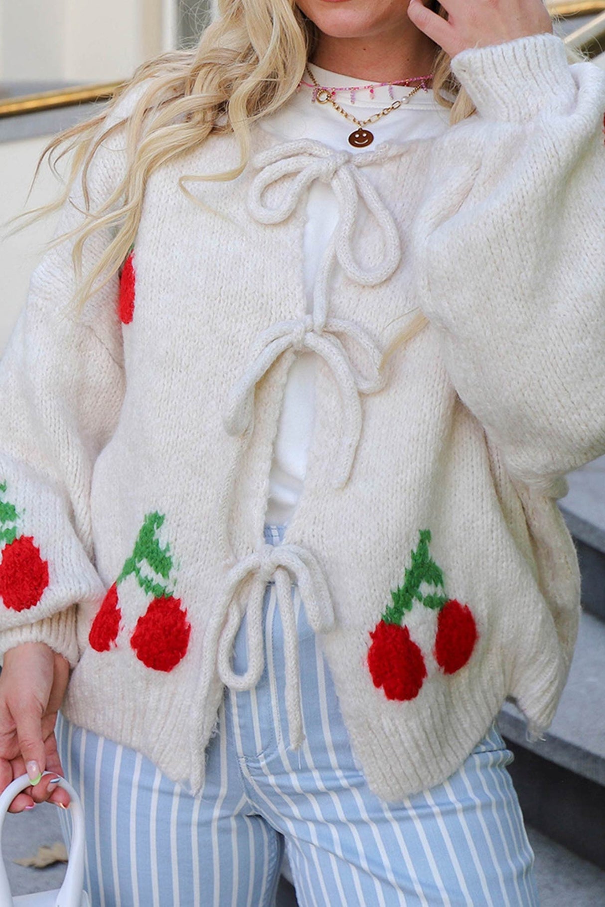 Cherry Jacquard Tie-up Cardigan