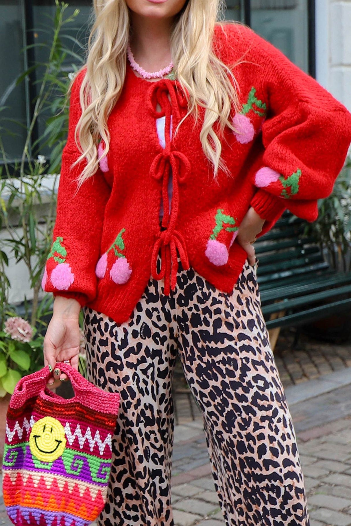 Cherry Jacquard Tie-up Cardigan