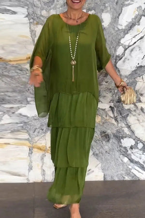 Chiffon Bat Sleeve Tops Tiered Skirt Suits