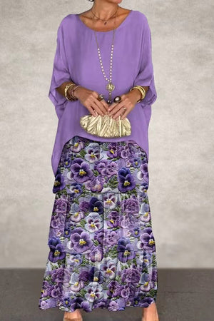 Chiffon Bat Sleeve Tops Tiered Skirt Suits