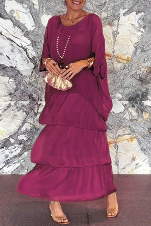 Chiffon Bat Sleeve Tops Tiered Skirt Suits