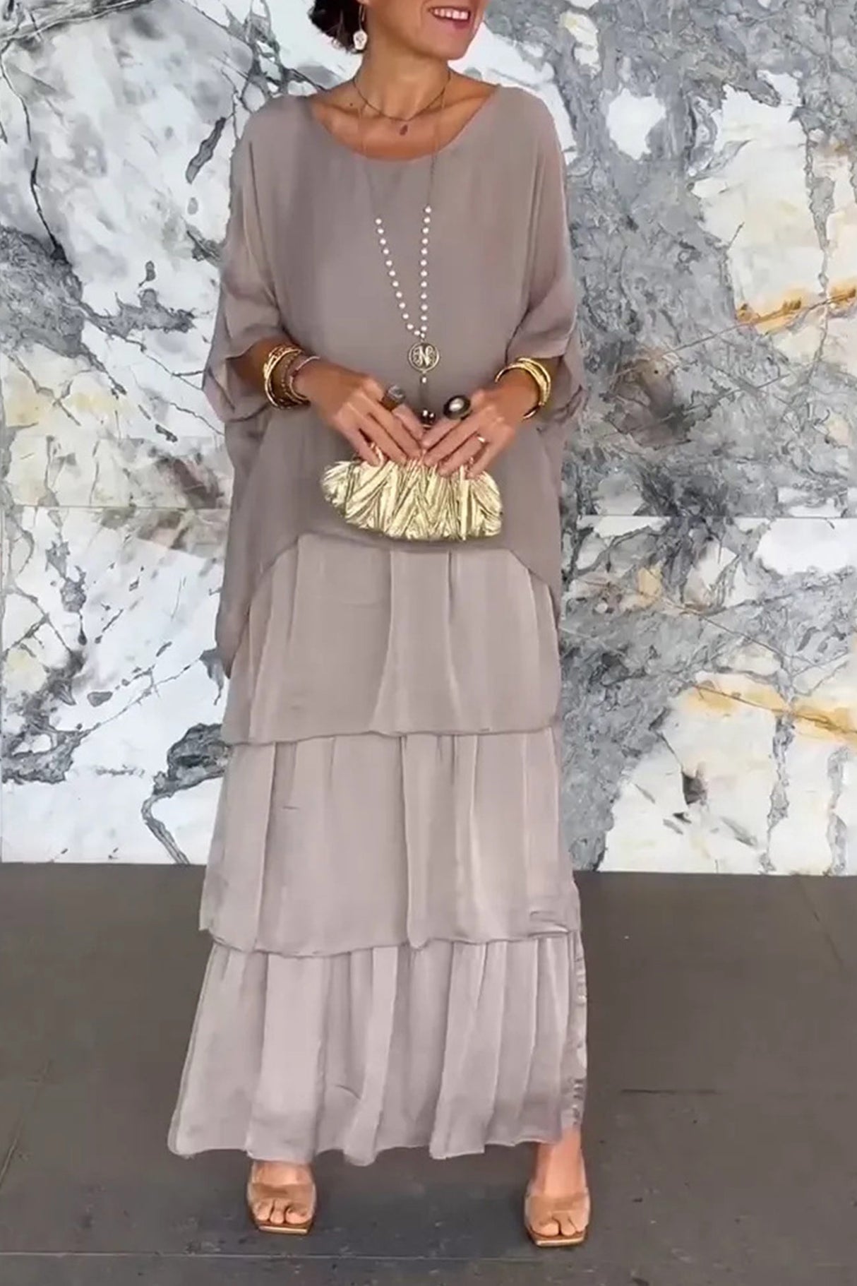 Chiffon Bat Sleeve Tops Tiered Skirt Suits