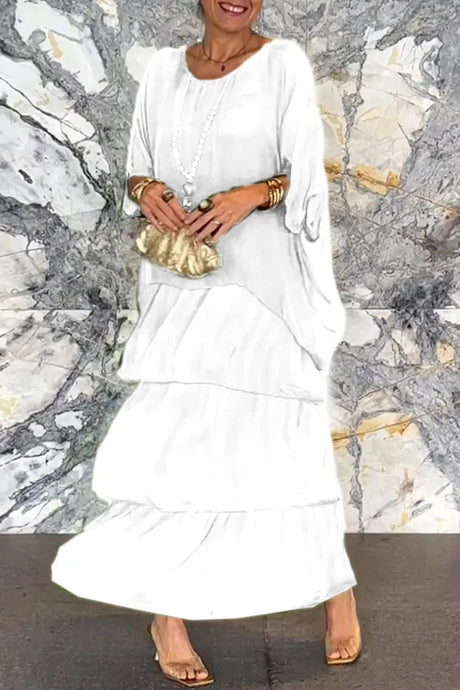 Chiffon Bat Sleeve Tops Tiered Skirt Suits