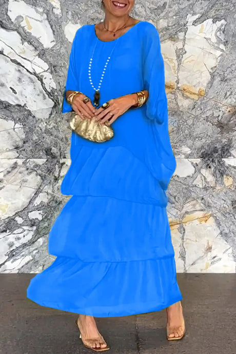 Chiffon Bat Sleeve Tops Tiered Skirt Suits